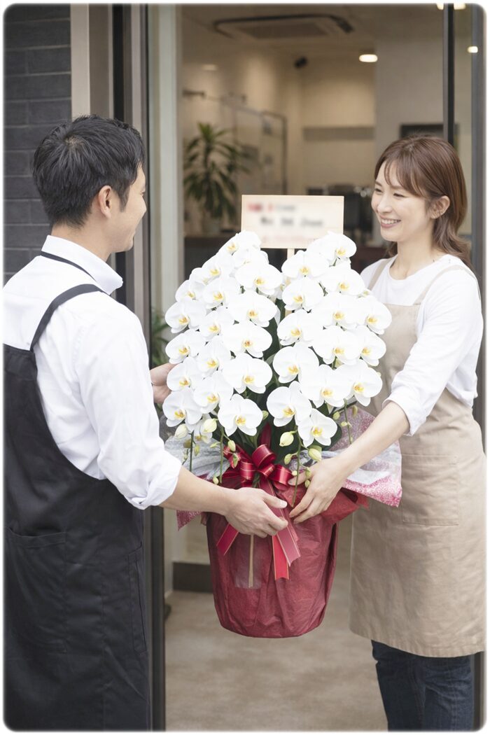 京都で胡蝶蘭を届ける配達イメージ。開店祝いの胡蝶蘭をお渡しする様子の参考画像です。