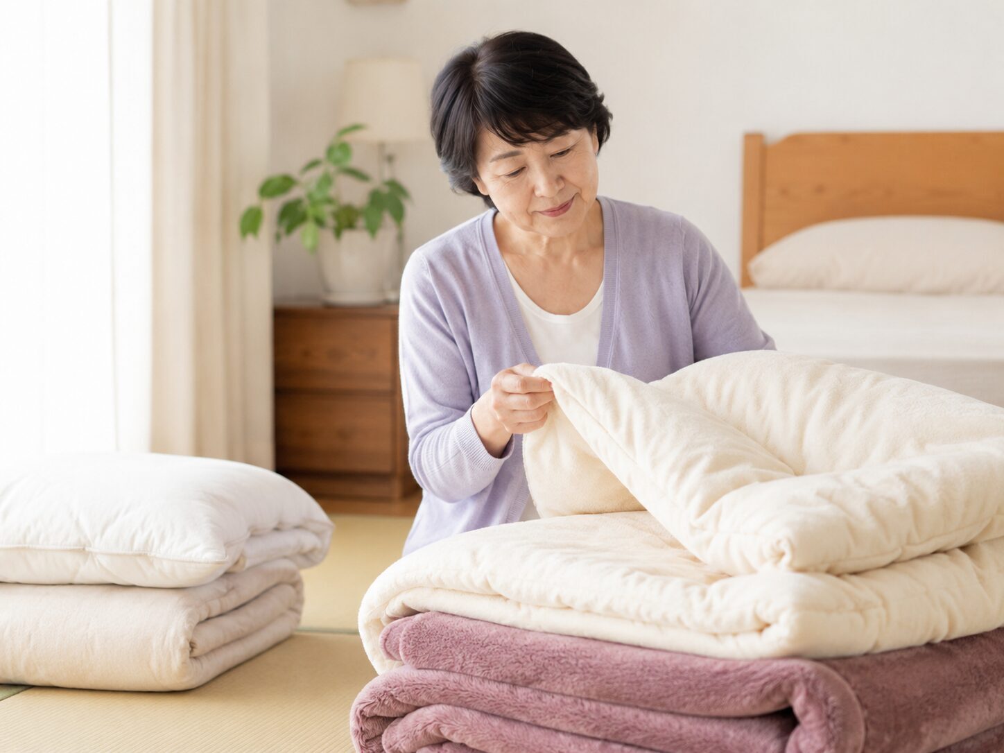 正栄クリーニングのカウンターで寝具を受け付けている様子
