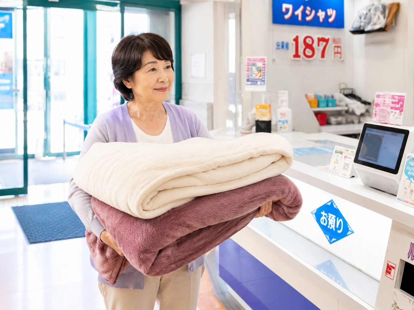 正栄クリーニングのスタッフが金券の使い方をお客様へ案内している様子