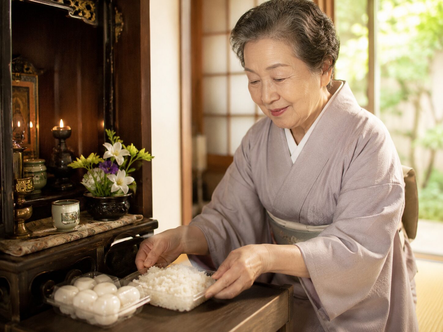 お盆のお供えの前で手を合わせるご夫婦のイメージ