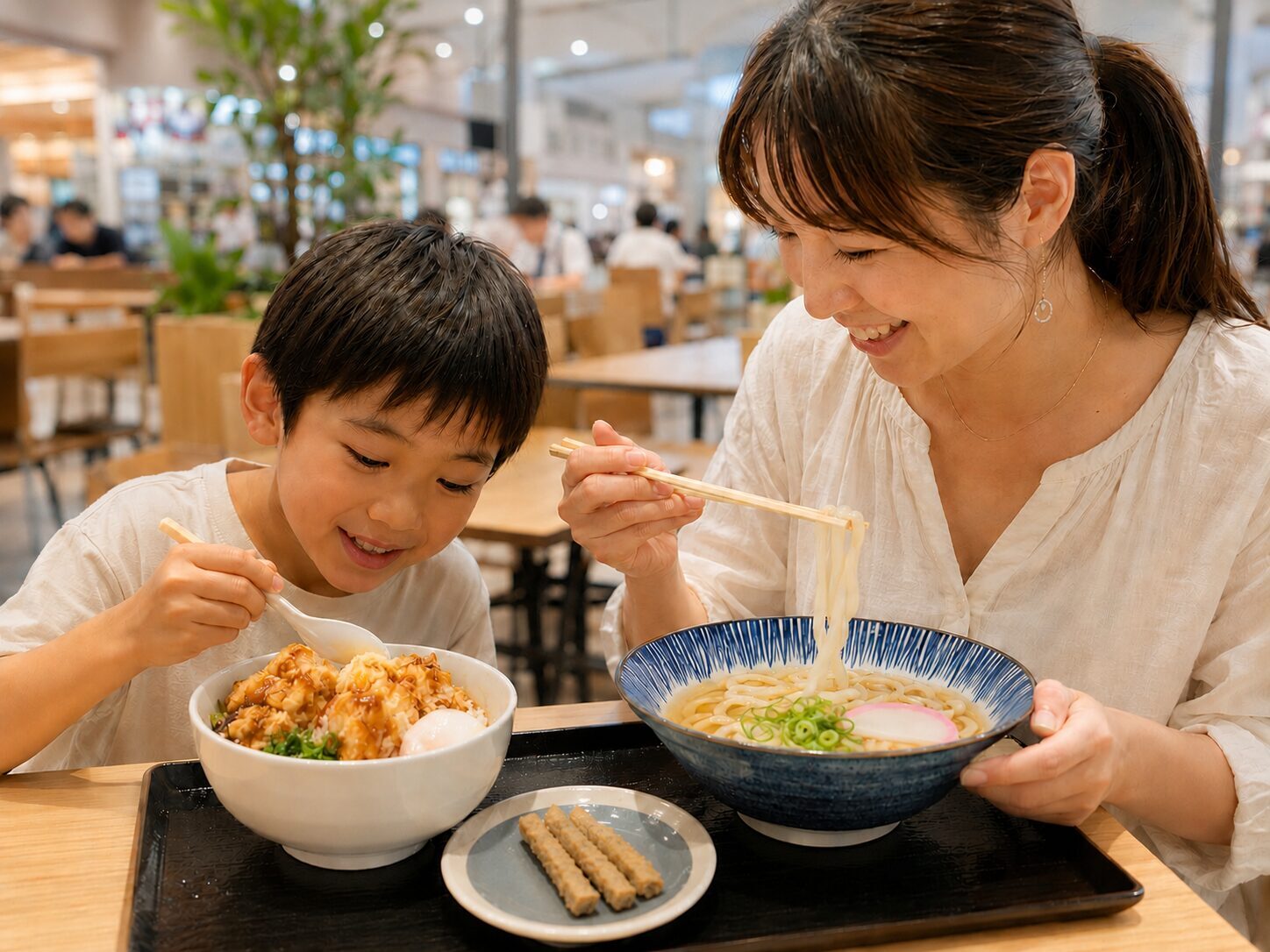 さと家で食事を楽しむ親子