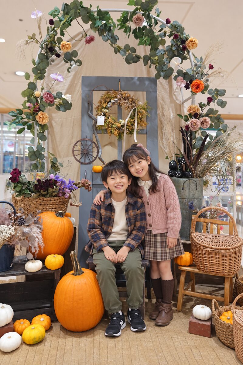 お花に囲まれて記念撮影を楽しむ兄妹のイメージ