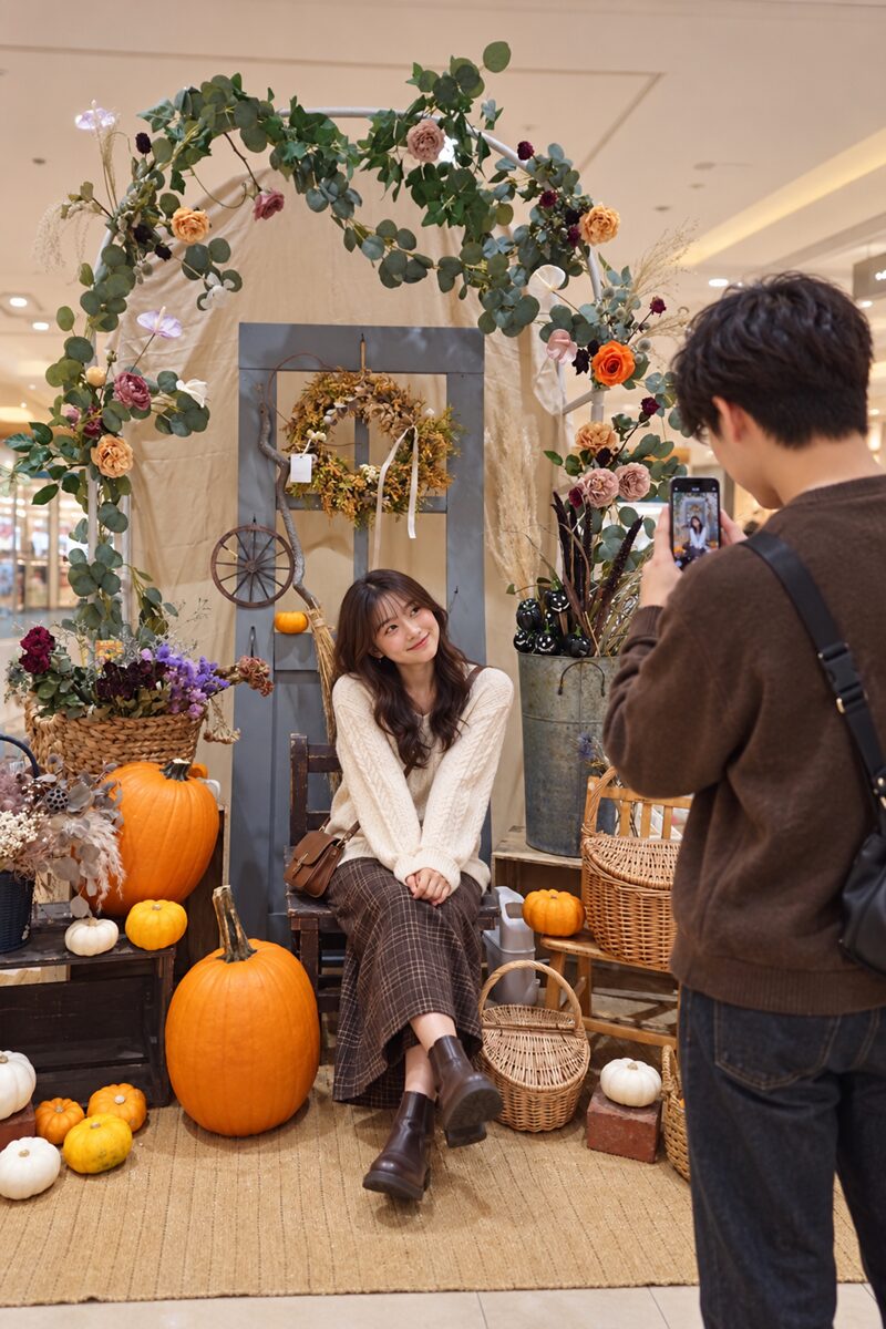 ハロウィンフォトスポットで写真を楽しむ人々のイメージ