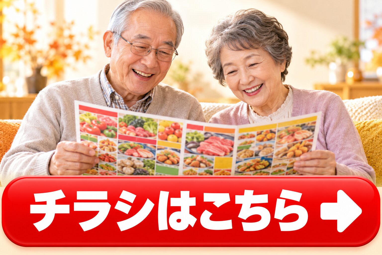 おじいさんとおばあさんがチラシを見ている画像。平和堂の最新チラシはこちら